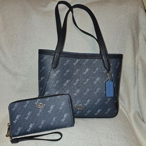 COACH C4060 Blue Coated Canvas Tote 27 Horse & Carriage Print Matching Wallet *
